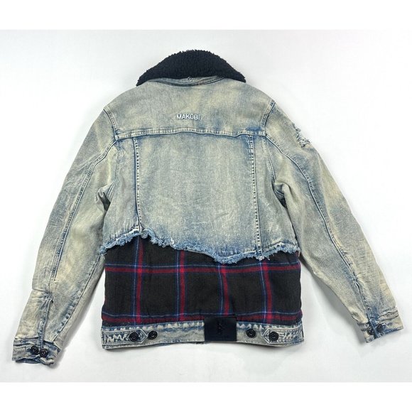 Makobi Mens Small Blue Plaid Full Zip Denim Jean Sherpa Jacket Distressed M1035 - Picture 2 of 11